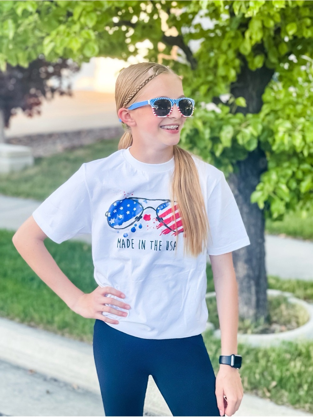 Made in the USA Kids White Graphic Tee - Patriotic Sunglasses Design